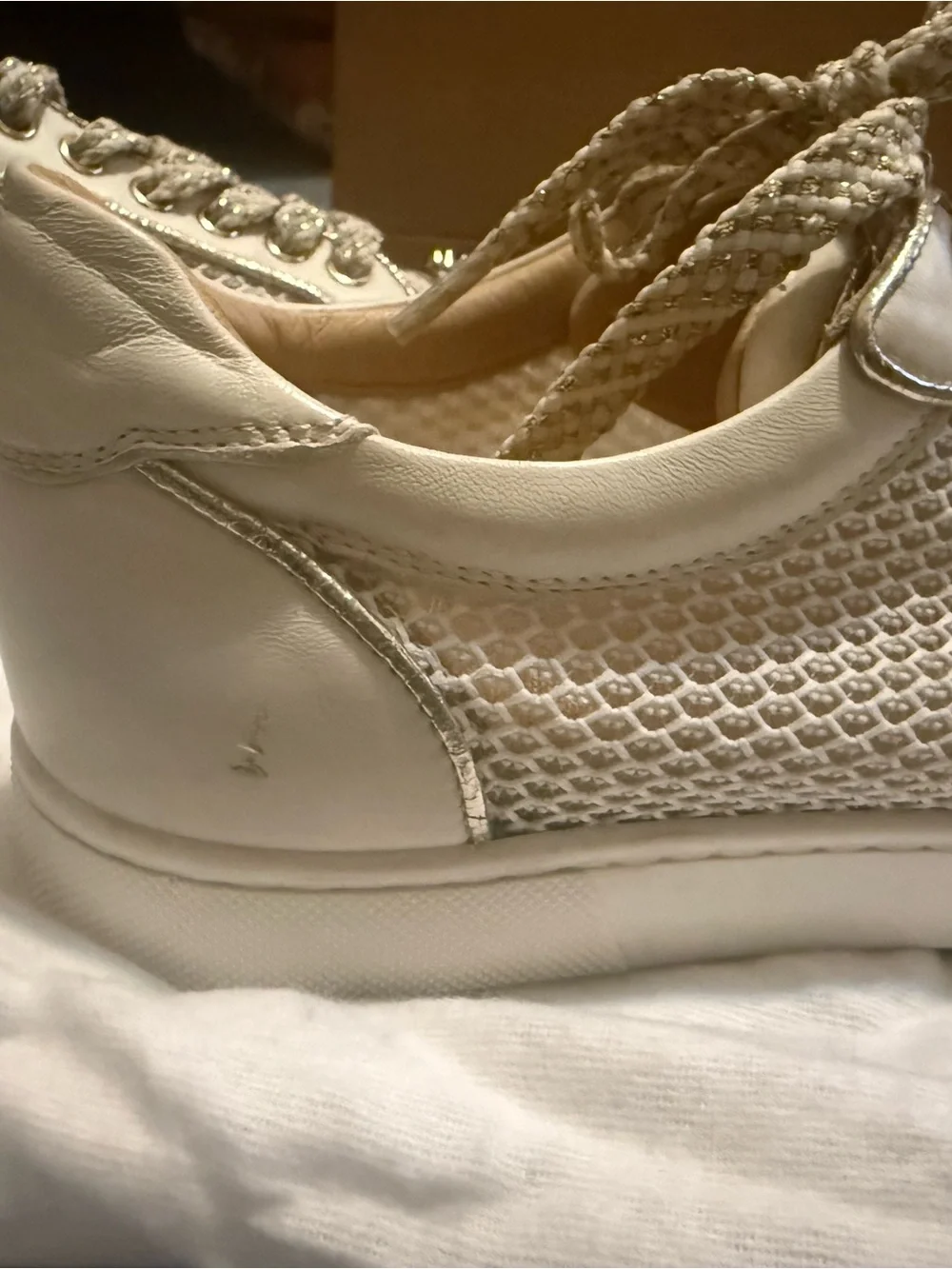 Christian Louboutin Gold Studded Ivory Leather & Mesh Women's Sneakers